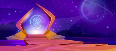 Cartoon magic portal with purple plasma light with swirl. Glowing plasmic entrance in frame on mountain under starry sky at night. Fantasy landscape with path and steps into alien world fantasy. vector