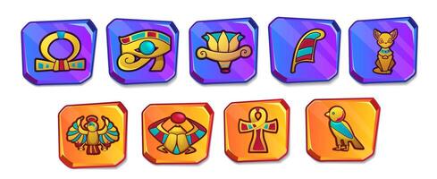 Cartoon egyptian culture religious symbols. Ancient Egypt icons for game user interface. Vintage objects of bastet cat goddess, eye of horus, scarab, ankh cross, lotus, ra and ibis. Protective amulet vector