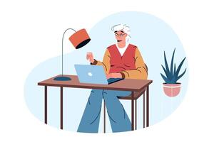 Flat happy elderly woman working online at home. Old age pensioner sitting with laptop at the table and surfing on the internet. Older lady studying in distance education, shopping or communicating. vector