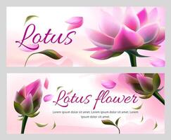 horizontal banners with pink lotus flowers and flying petals on white background. Packaging design for ayurveda products or natural aroma spa cosmetic. Greeting card or invitation card template vector