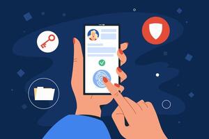 móvil acceso controlar por huella dactilar para identificación. humano dedo índice toque en pantalla de teléfono inteligente a exploración. en línea seguridad concepto. personal datos proteccion con biométrico tecnología. vector