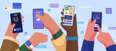 Flat people hands with smartwatch for health and sleep control. Digital electronic device or smart watch tracker app for healthy lifestyle and sleeptracker. vector