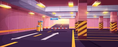 Cartoon empty underground with barrier to exit and car parking payment system. Indoor interior of garage in city shopping mall with marking road, auto park places, columns and guiding arrows on floor. vector