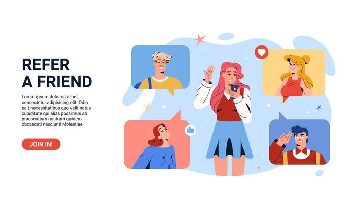 Refer a friend web landing page. Flat young woman with smartphone invite friends for community on social media group. Earn rewards, money bonus from online program. Referral marketing strategy banner.