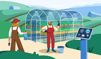 Flat farmer people in greenhouse with control digital wireless device. Smart farm, futuristic technology for growing or watering plants. Agricultural automation with innovation technology management. vector