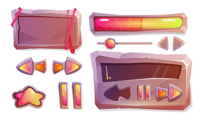 Cartoon stone texture of game buttons gui or ui design elements. Set menu boards, progress bars, star keys and panel with slider, pause and arrows. Interface plaques isolated on white background.