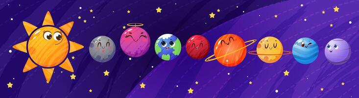 Cute childish planets of solar system at night sky flat illustration. Funny galaxy objects, stars and cosmic globes smile at outer space. Sun, earth and astronomical characters with emotions. vector