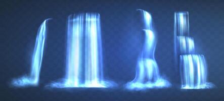 realistic set of waterfalls isolated on blue background. Water fall liquid streams falling from mountains with cascade, splashes and drops, fog or mist. Fast flow of pure aqua. vector