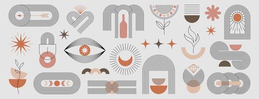 Set of boho abstract geometric shapes with line and strips. Modern minimalist zen arch in neutral colors. Minimal simple figures, linear elements and strokes, sun and moon in trendy bohemian style. vector