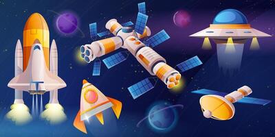 cartoon different shuttles in cosmos and alien planets. Rocket, ufo spaceship and space station flying in night sky flat illustration. Fantasy cosmic objects, game graphic design elements. vector