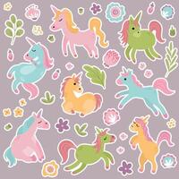 A set of stickers of magical unicorns and flowers. vector