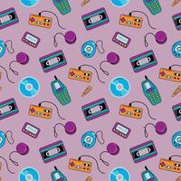 Seamless pattern of nostalgia phone, set-top box, joystick, tape, Tamagotchi. Retro 90s vector