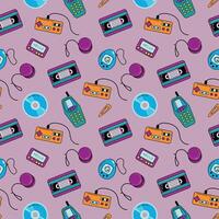 Seamless pattern of nostalgia phone, set-top box, joystick, tape, Tamagotchi. Retro 90s vector