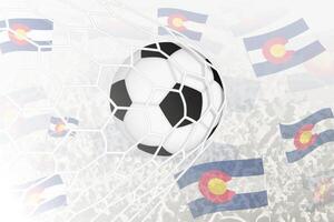 National Football team of Colorado scored goal. Ball in goal net, while football supporters are waving the Colorado flag in the background. vector