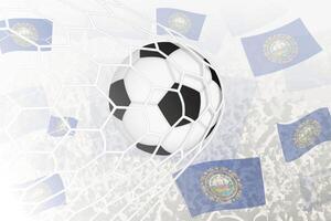 National Football team of New Hampshire scored goal. Ball in goal net, while football supporters are waving the New Hampshire flag in the background. vector