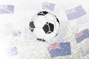 National Football team of New Zealand scored goal. Ball in goal net, while football supporters are waving the New Zealand flag in the background. vector