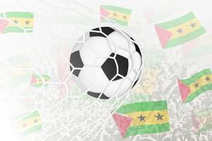 National Football team of Sao Tome and Principe scored goal. Ball in goal net, while football supporters are waving the Sao Tome and Principe flag in the background. vector