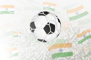 nacional fútbol americano equipo de India anotado meta. pelota en objetivo neto, mientras fútbol americano partidarios son ondulación el India bandera en el antecedentes. vector