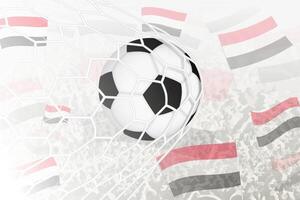 nacional fútbol americano equipo de Yemen anotado meta. pelota en objetivo neto, mientras fútbol americano partidarios son ondulación el Yemen bandera en el antecedentes. vector