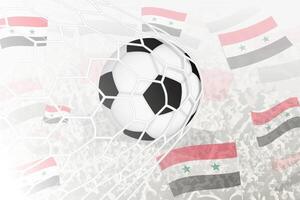 National Football team of Syria scored goal. Ball in goal net, while football supporters are waving the Syria flag in the background. vector