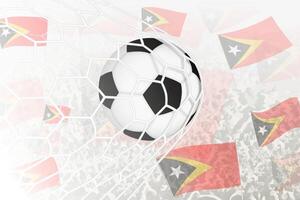 National Football team of East Timor scored goal. Ball in goal net, while football supporters are waving the East Timor flag in the background. vector