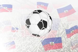 nacional fútbol americano equipo de Haití anotado meta. pelota en objetivo neto, mientras fútbol americano partidarios son ondulación el Haití bandera en el antecedentes. vector