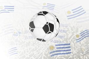 nacional fútbol americano equipo de Uruguay anotado meta. pelota en objetivo neto, mientras fútbol americano partidarios son ondulación el Uruguay bandera en el antecedentes. vector