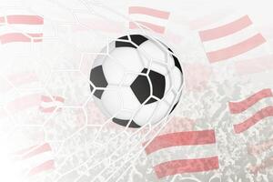 nacional fútbol americano equipo de Austria anotado meta. pelota en objetivo neto, mientras fútbol americano partidarios son ondulación el Austria bandera en el antecedentes. vector