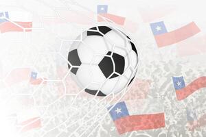 nacional fútbol americano equipo de Chile anotado meta. pelota en objetivo neto, mientras fútbol americano partidarios son ondulación el Chile bandera en el antecedentes. vector