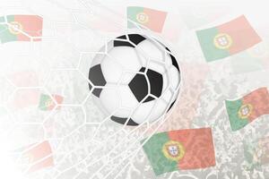 nacional fútbol americano equipo de Portugal anotado meta. pelota en objetivo neto, mientras fútbol americano partidarios son ondulación el Portugal bandera en el antecedentes. vector