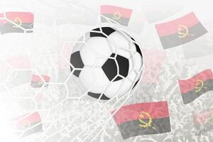 nacional fútbol americano equipo de angola anotado meta. pelota en objetivo neto, mientras fútbol americano partidarios son ondulación el angola bandera en el antecedentes. vector