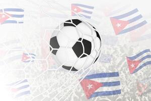 National Football team of Cuba scored goal. Ball in goal net, while football supporters are waving the Cuba flag in the background. vector