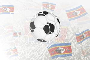 National Football team of Swaziland scored goal. Ball in goal net, while football supporters are waving the Swaziland flag in the background. vector