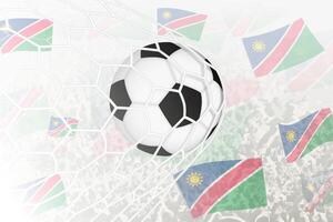 National Football team of Namibia scored goal. Ball in goal net, while football supporters are waving the Namibia flag in the background. vector