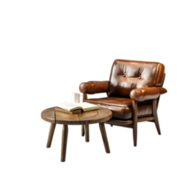 a brown leather chair and table on a transparent background png