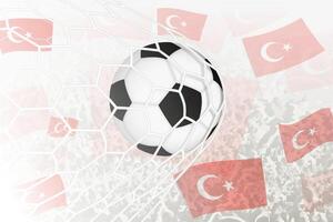 nacional fútbol americano equipo de Turquía anotado meta. pelota en objetivo neto, mientras fútbol americano partidarios son ondulación el Turquía bandera en el antecedentes. vector