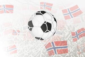 National Football team of Norway scored goal. Ball in goal net, while football supporters are waving the Norway flag in the background. vector