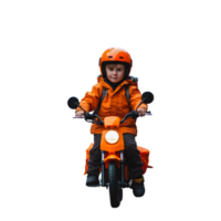 a little boy in an orange jacket riding a motorcycle png