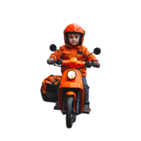 a little boy in an orange jacket riding a motorcycle png