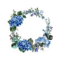 blue flowers and leaves in a wreath on a transparent background png