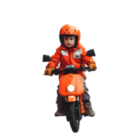 a little boy in an orange jacket riding a motorcycle png