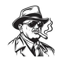 mafia jefe con un de fumar cigarro. tinta negro y blanco dibujo valores imagen vector