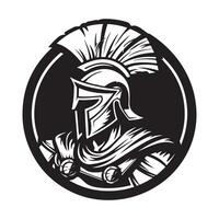 Spartan helmet emblem illustration in circle, logo, white background vector