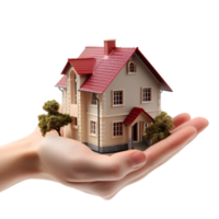 a hand holding a house model on a transparent background png