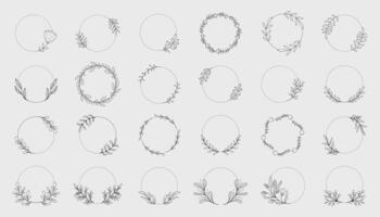 Foliage line art design for wedding, card, invitation, greeting, logo. Big set of floral round frames. illustration set vector