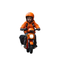 a little boy in an orange jacket riding a motorcycle png