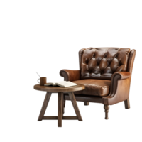 a brown leather chair and table on a transparent background png