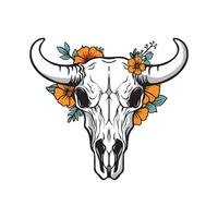 ink illustration of a cow skull head, with beautiful flowers, Isolated on white vector