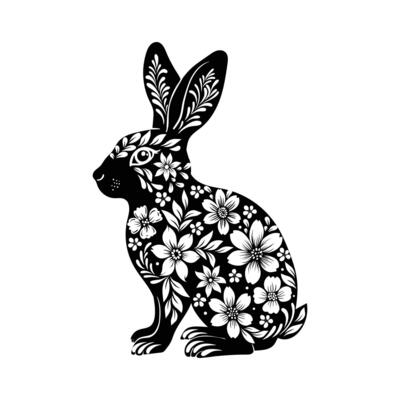 silhouette of a rabbit with floral ornament, black and white illustration, element for Easter card