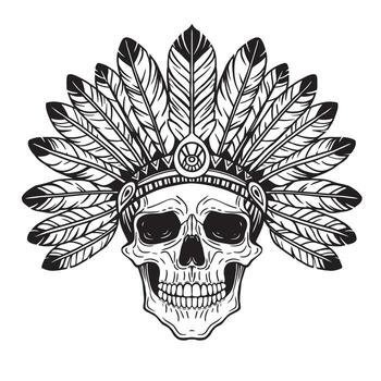 cráneo en tradicional americano indio tocado, mano dibujado monocromo ilustración, colorante página vector